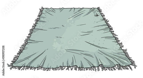 Flat lay of a light blue blanket with fringes on white background, top view