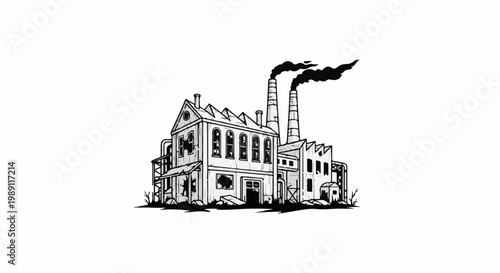 Dilapidated factory with smoke billowing from tall chimneys
