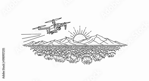 Drone flies over desert landscape at sunrise with mountains