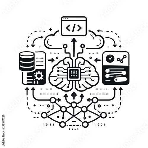 Abstract representation of artificial intelligence with interconnected data, neural networks, and cloud computing elements