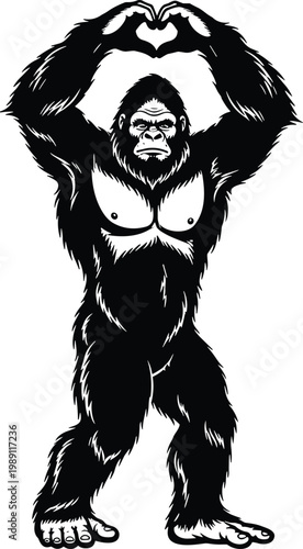 Photos Gorilla mascot vector illustration forming heart shape with hands, strong ape ch