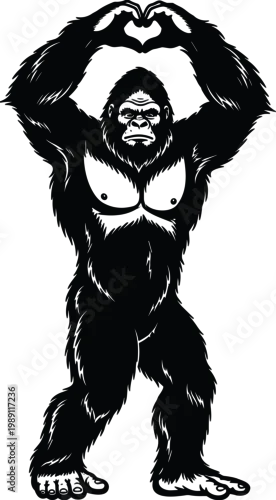 Obraz Gorilla mascot vector illustration forming heart shape with hands, strong ape character design, wildlife animal graphic isolated on white background
