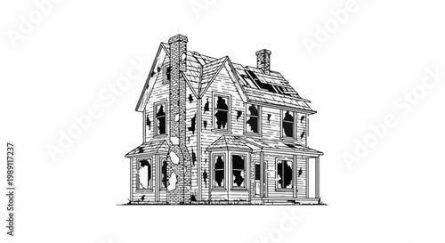 Dilapidated Victorian house with broken windows and roof
