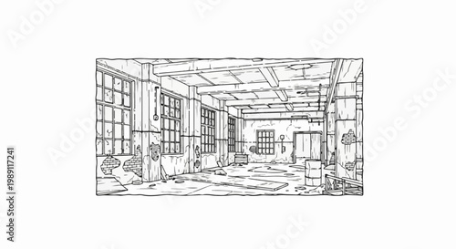 Dilapidated interior with broken walls, large windows, and debris