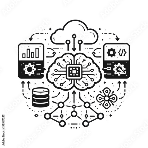 Conceptual illustration of Artificial Intelligence brain processing big data in a cloud computing environment, symbolizing machine learning, data analytics, and software development