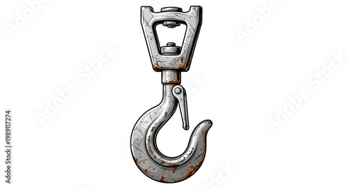 Heavy duty metal lifting hook with swivel mechanism, isolated on white