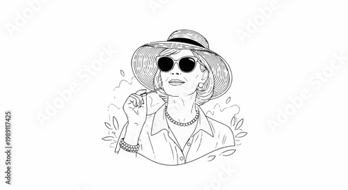 Elegant woman in a wide-brimmed hat and sunglasses holding a cigarette