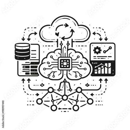 Conceptual line art illustration of an integrated ecosystem representing artificial intelligence, cloud computing, data processing, and advanced analytics for business intelligence solutions