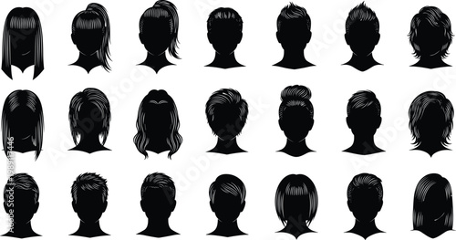 Hairstyle silhouettes vector set, men and women haircut collection, hair fashion icons, black head profiles isolated on white background