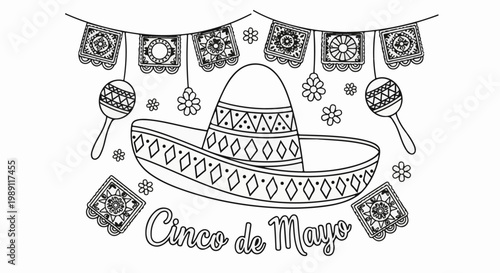 Festive sombrero with maracas, papel picado, and floral accents