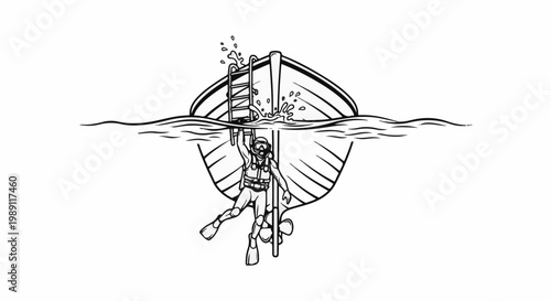 Diver ascends a ladder from underwater to a boat, water splashes