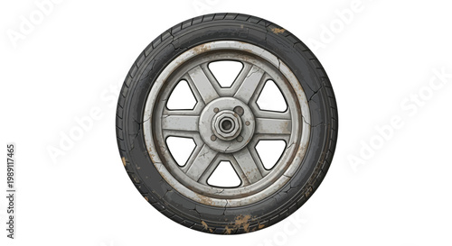 Old worn tire and wheel isolated on white background