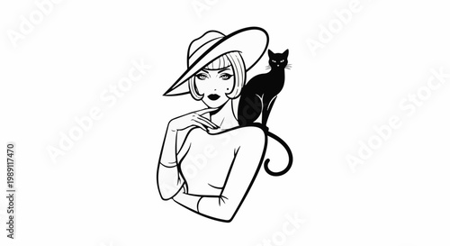 Elegant woman in a wide-brimmed hat with a black cat on her shoulder