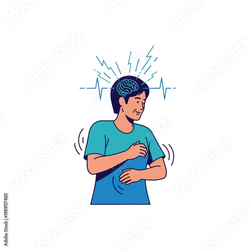 Illustration of a person experiencing a neurological event or anxiety, with brain activity and trembling hands.