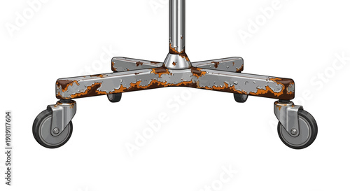 Rusty medical equipment base with wheels on white background