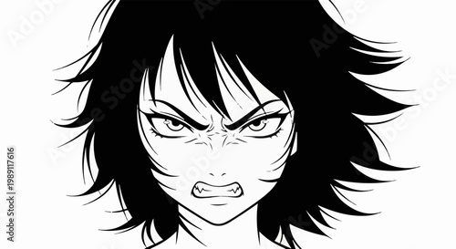 Fierce anime character with intense eyes and wild, dark hair