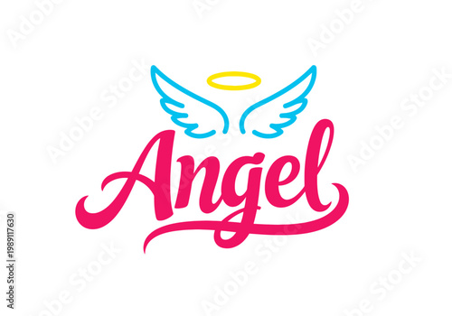 "Angel" Typography Design with Cute Blue Wings and Yellow Halo, Vector Illustration for Baby Shower, Birthday, and Religious Themes