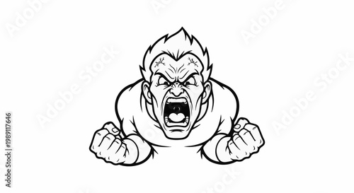 Fierce character with clenched fists and mouth open in a roar