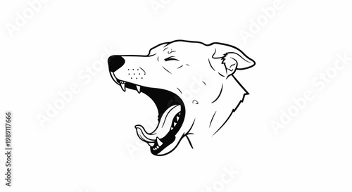 Fierce dog head with mouth wide open, sharp teeth showing