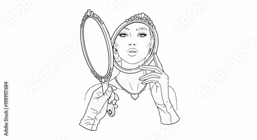 Elegantly dressed woman with ornate handheld mirror, examining her face and jewelry