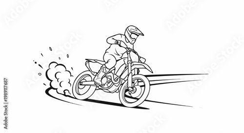Dynamic line art of a rider on a dirt bike kicking up dust