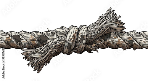 Severely Frayed Rope Knot, Close-up Detail, Isolated