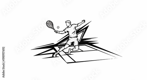 Dynamic ink sketch of a tennis player mid-air, hitting a ball over the court
