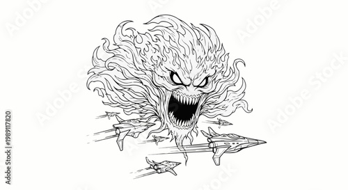 Fiery monster with sharp teeth attacks fighter jets in aerial battle
