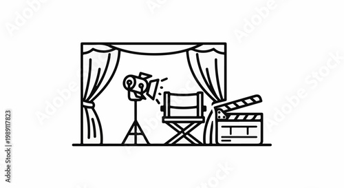 Film set with chair, spotlight, and clapperboard behind curtains