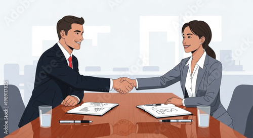 A professional business team of smiling businesspeople and managers shakes hands at an office desk to celebrate a successful meeting and contract communication