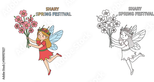 Fairy Girl Holding a Bouquet of Flowers for Spring Festival - Colored and Line Art Coloring Page Illustration for Kids