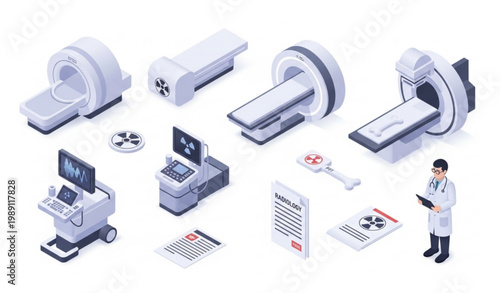 Isometric radiology hospital equipment icon set with MRI, CT scanner, PET scan and ultrasound devices in modern 3D medical style