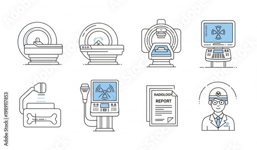 Minimal line art radiology technology icon set featuring MRI, CT scan, ultrasound and nuclear medicine equipment on white background