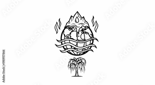 Earth with fire and water elements above, a weeping willow below