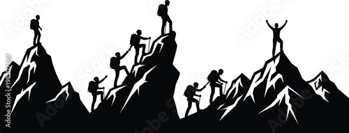 Mountain climbing team silhouettes vector illustration, hikers reaching summit, adventure trekking group, outdoor expedition concept isolated on white background