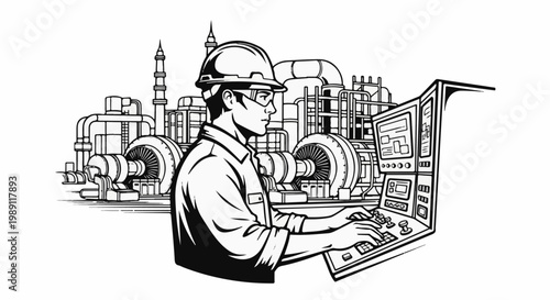 Engineer at control panel in industrial plant, machinery and pipes