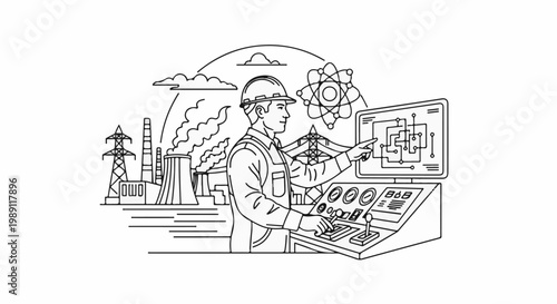 Engineer in control room monitors nuclear power plant operations and atomic structure