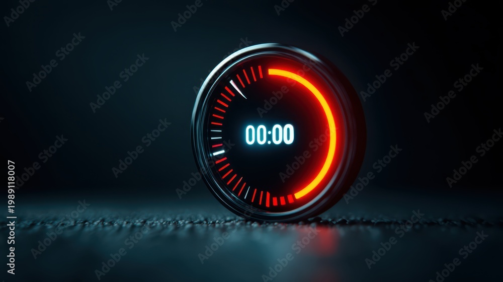 © Oulaphone - A glowing circular digital timer displays 00:00 with a red progress arc on a dark surface, symbolizing countdown or time measurement.