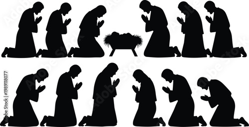 Nativity prayer silhouette set, people kneeling worshiping baby Jesus in manger, religious Christmas scene illustration isolated on white background