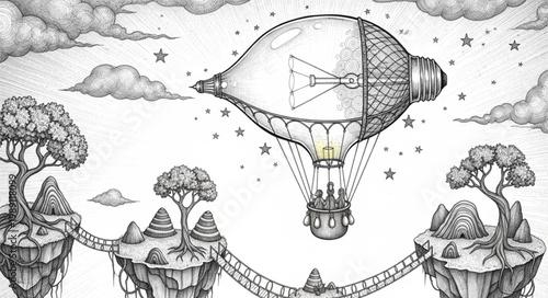Whimsical hot air balloon shaped like a lightbulb floats over fantastical islands.
