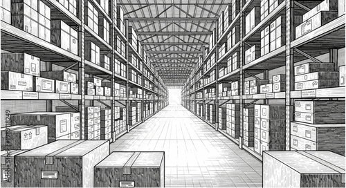 Warehouse Interior with Shelving and Boxes Illustration.