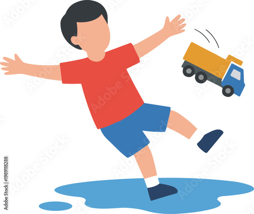 Boy slips on puddle while playing with toy truck outside on wet ground