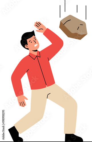 Man dodges falling rock on mountain trail in rural landscape