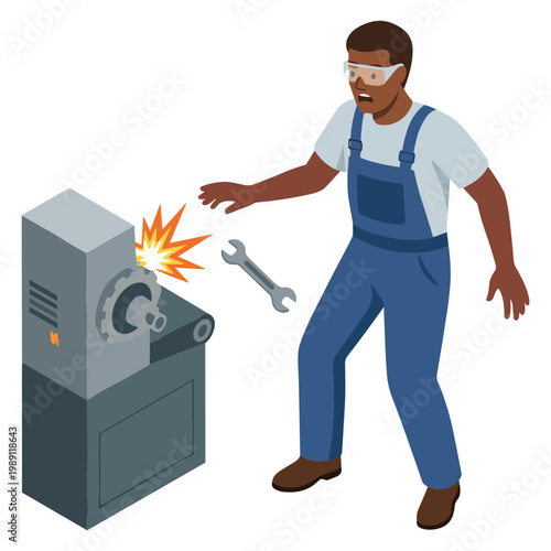 A man in overalls reacts to an industrial machine malfunctioning with sparks.
