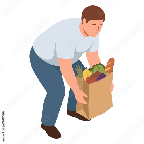 Man picking up a bag of fresh produce from grocery shopping.