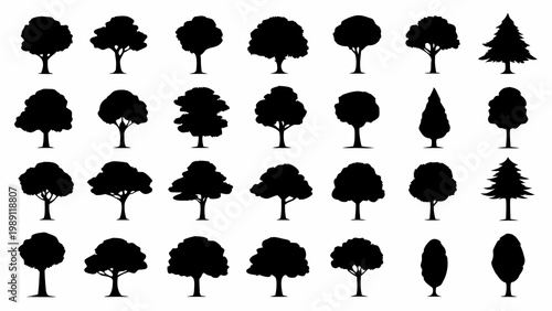 Collection of various black silhouette trees including deciduous coniferous and ornamental types