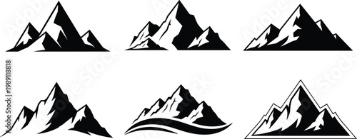 Set of mountain logo silhouettes vector collection featuring alpine peaks, abstract summit icons, outdoor adventure badges isolated on white background