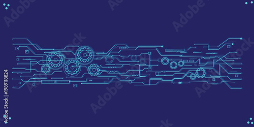 Futuristic blue technology background with glowing circuit lines and mechanical gears on dark navy, modern industrial automation and engineering concept design banner