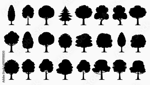 A collection of diverse tree silhouettes against a plain white background