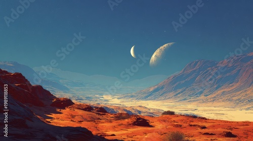 Visions of an Alien Landscape with Two Moons and Starry Sky
